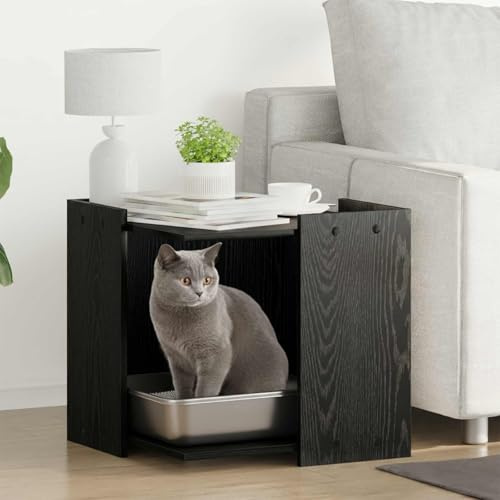 Mokuyary Enceinte pour bac à litière pour Chat Chêne Noir Meuble Litière Chat, Maison de Toilettes Table Basse pour Salon, Chambre, Balcon -A