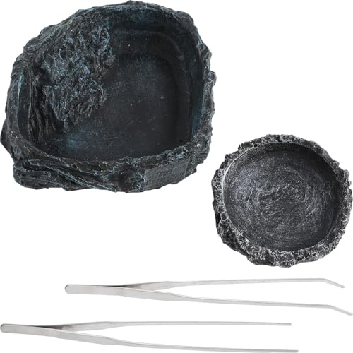 TOYANDONA 2 Pezzi Set 2 Ciotole per Alimentazione Rettile in Resina Nero con Superficie Effetto Pietra, Contenitori per Acqua e Cibo Adatti a Tartarughe e Serpenti con Pinze Incluse