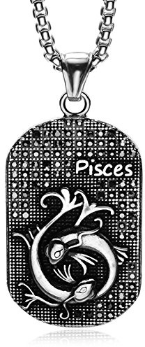 HIJONES Men's Stainless Steel 12 Constellations Zodiac Sign Dog Tag Pendant Necklace Vintage