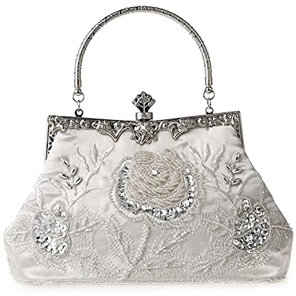 DA BODAN Vintage Floral Perlas Rhinestone Bordado Clutch Lentejuelas Boda Fiesta de Prom Bolsa Novia Señoras Crossbody Novia Bolso, plata