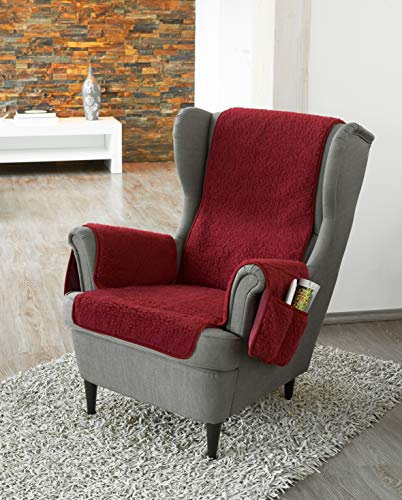 Schurwoll-Sesselschoner mit Armlehnenschoner, Bordeaux, Flor aus 100% Schurwolle, Mittelteil ca. 160 x 50 cm, Armlehnenschoner ca. 60 x 40 cm