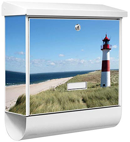 banjado® Burgwächter Briefkasten Weiß 38x39x12cm mit Motiv Leuchtturm/Briefkasten mit Zeitungsfach/Briefkasten mit Zeitungsrolle/Postkasten inkl. Montagematerial & 2 Schlüsseln