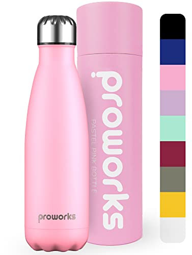 Proworks Edelstahl Trinkflasche | 24 Std. Kalt und 12 Std. Heiß - Premium Vakuum Wasserflasche - Perfekte Isolierflasche für Sport, Laufen, Fahrrad, Yoga, Wandern und Camping - 1 Liter - Pastell-Rosa