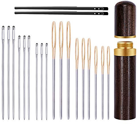 Nähnadeln, Sticknadeln, 6 Größen Hand Nähen Nadeln, Große Augen Nadeln mit 2 Stücke Doppelloch Lederschnürnadel und Nadelflasche für Leder Nähen Hand Nähen Diy