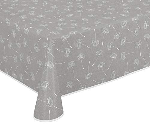 Wachstuch Tischdecke abwischbar rutschfest mit Paspelband Eckig Rund Oval, Motiv Farbe Größe wählbar (Pusteblume Grau, Eckig 130x160 cm)