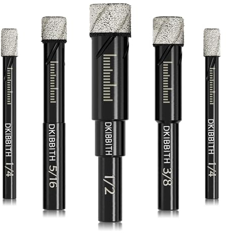 Dry Diamond Drill Bits Set, 5 Pcs Tile Drill Bits for Porcelain, Ceramic, Granite, Marble, Stone, Glass Hard Materials, Round Shank 1/4, 5/16, 3/8, 1/2 Drill Bits, with Storage Case