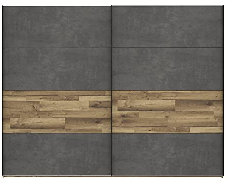 FORTE RICCIANO Schrank 270, Kleiderschrank, Schwebetürenschrank groß Schlafzimmer 2-türig Betonoptik Dunkelgrau / Holzdekor: Stabeiche, 270 cm breit x 210.5 cm hoch x 61 cm tief