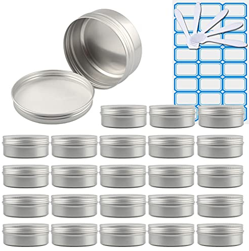 ZEOABSY Pack of 30, Empty 150ml Silver Aluminium Tins with Screw Lids Round Cosmetics Containers Pots Storage Jars for Lip Balm DIY Candle Salve Powder Crafts with 5 Spatula, 2 Labels