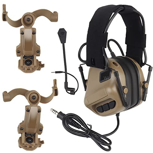 WLXW Tactical Headset for Airsoft(Head-Mounted & Helmet-Mounted),Wargame Hunting Outdoor Non-Military Tactical Earmuff (Noise Reduction),with Helmet ARC Rail Adapter Arm Headphone Bracket,TAN