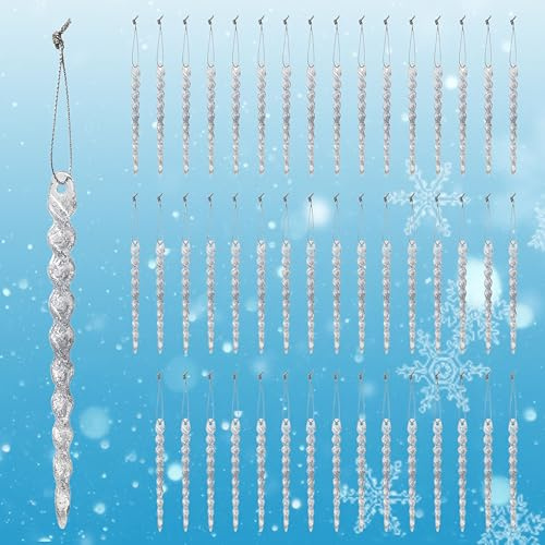 Icicle Christmas Ornaments - Set of 48 - Sparkling Clear Acrylic with Glitter - Holiday Ornaments - Decorating - Crafting - 5 H