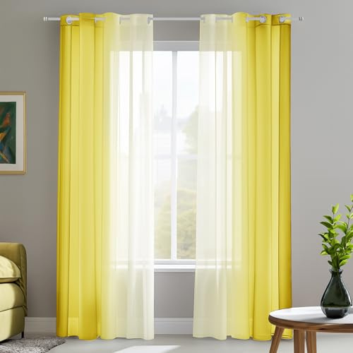 Deconovo Voile Vorhänge Durchsichtig Gardine Balkon mit Ösen, 175x140 cm(HöhexBreite), Gelb, 2er Set