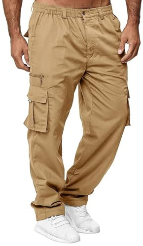THWEI Mens Cargo Pants Casual Cotton Jogger Multi Pockets Outdoor Hiking Work Sweatpants Khaki 3XL