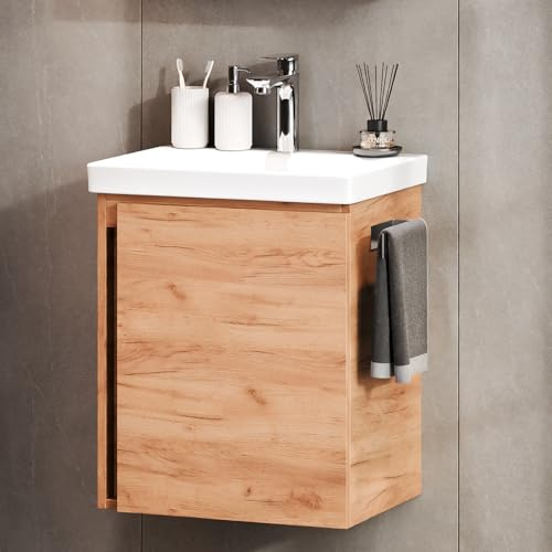 Planetmöbel Waschtisch mit Unterschrank 50 cm, Gold Eiche | inkl. Waschtischarmatur chrom, Badmöbel Set für Gäste Bad und WC, hängend