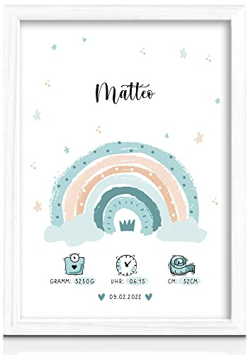 Milaboo® personalisiertes Geburtsposter A4 Regenbogen I Kinderzimmer Deko I personalisierte Geschenke Baby (blau ohne Bilderrahmen)