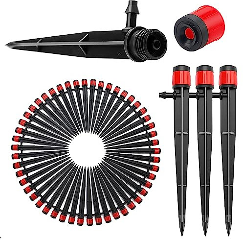VooGenzek 50 Stücke 360 Grad Einstellbare Bewässerung Sprinkler, Garten Bewässerung Tropfer mit Barb Verbinder & Micro Drip Rohrhalter for 4/7mm Schlauch, für Gewächshaus, Topfpflanzen, Rot