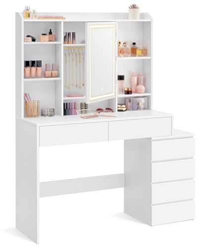 VASAGLE KAILYN Collezione - Toeletta con Luci LED a Luminosità Regolabile, Tavolo da Trucco con Specchio, 40 x 118,3 x 145 cm, Scomparti Aperti, Ripiani Regolabili, Moderno, Bianco Nuvola RDT624WB01