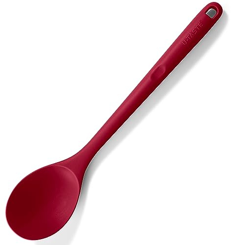 U-Taste langer Silikon Löffel, 315℃ Hitzebeständiger, Rot | 33,9 cm massive Kochlöffel, antihaftbeschichteter nahtloser Küchen Servierlöffel zum Mischen Rühren Begießen Schöpfen