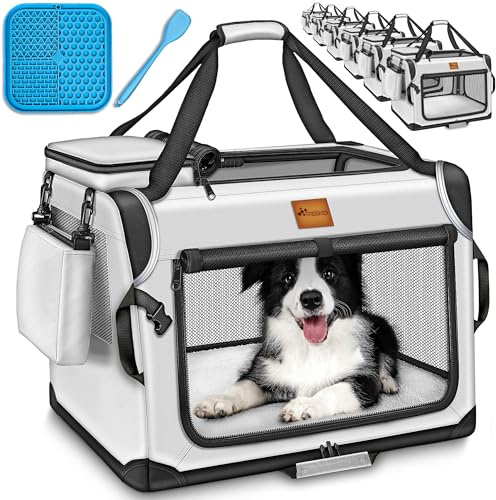 TRESKO® Hundebox faltbar mit Leckmatte, Spatel & Reflektoren L 70x52x52cm | Transportbox für Hunde und Katzen | Hundetransportbox Auto für kleine & große Hunde | Hundetasche für Zuhause robust