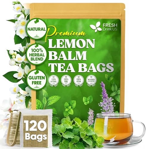 FreshDrinkUS, Premium 120 Lemon Balm Leaf Tea Bags, 100% Natural & Pure from Lemon Balm Leaves. Loose Leaf Herbal Te. No Sugar, No Caffeine, No Gluten, Vegan.