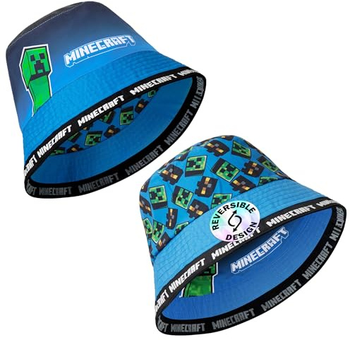 Minecraft Sombreros de Copa Playa y Verano para Niños - Regalos para Jugadores (Azul Reversible)