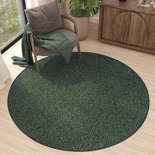 TAPISO Nizza Teppich Rund rutschfest Grün Einfarbig Waschbar Anti Rutsch Niedriges Flor Waschmaschinenfest Wohnzimmer Schlafzimmer ÖKO-TEX 120 x 120 cm