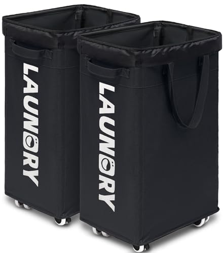 Goodpick Laundry Basket with Wheels, 2-Pack 75L Rolling Laundry Hamper with Removable Wash Bags, Collapsible Laundry Basket for Corner Dorm, Black