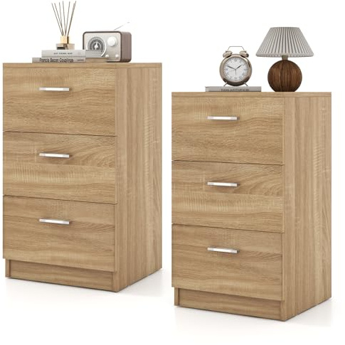COSTWAY 2 Mesitas de Noche con 3 Cajones, 66x38x35cm, Mesa Auxiliar de Madera, Mesillas de Noche Moderno para Dormitorio Hogar Salón, Natural