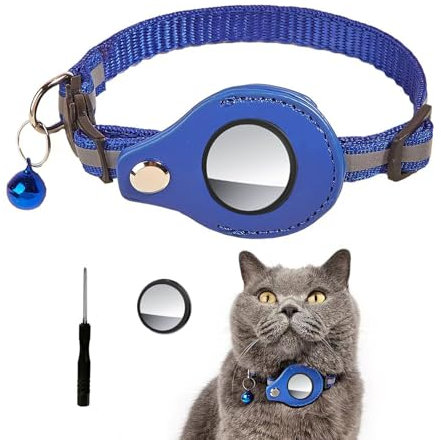 DHWEKU Katzenhalsband Reflektierend Air Tag Katze Halsband Leder für GPS Tracker Integriertes Verstellbarer Collar, Blau