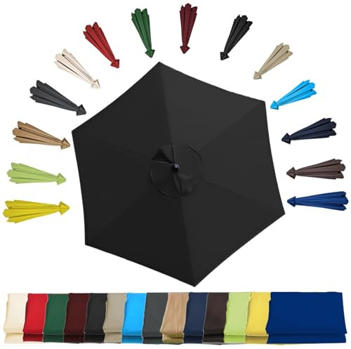 Ersatzschirm für Sonnenschirm, 2,0 m, 2,7 m, 3,0 m, Ersatztuch für Regenschirm, 6 Rippen, 8 Rippen, Markttischschirm, Überdachung, Gartenschirm, Überdachung, UV50+ wasserdicht, Schwarz , 6 ribs-3.0