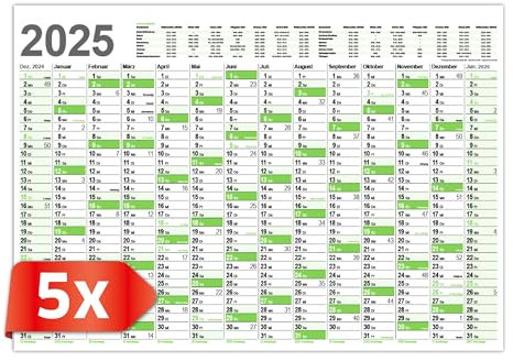 PRIMUS PRINT XXL Kalender 2025 – Plakatkalender 2025 – Wandkalender in Postergröße A1 (594x841 mm), Jahresplaner für 2025, Wandplaner in Blau oder Grün – Gerollt [ 5er Set-Grün ]