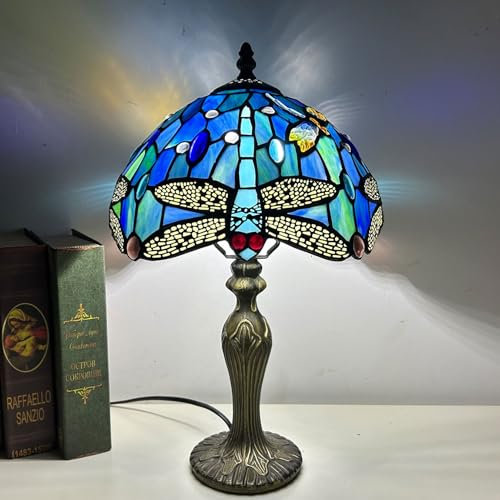 BOTOWI Libelle Lampe Tiffany Stil Glasmalerei Tischlampe Schlafzimmer Nachttisch Lesetisch Licht für Wohnen Büro Schlafsaal Retro Niedliche Akzent Dekor Cottage 10 Geschenk Nachttisch Lampen,Sea blue