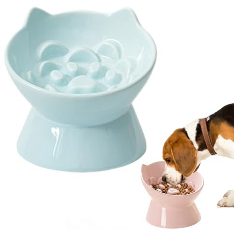 Pasdrucn Anti Schling Napf Katzen Keramik, Katzennapf Keramik Futternapf Katze, Anti Schling Napf Hund, Slow Feeder Katze Nassfutter, Fressnapf Katze Katzennapf Erhöht Mit Napf Ständer Holz (Blau)
