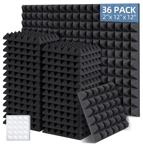 Ohuhu Sound Proofing Panels 36 Pack, 2x12x12 Acoustic Foam Panels Pyramid with Double Sided Tape, Fire Retardant High Density Eco-friendly Acoustic Wall Panels for Studio Office Home