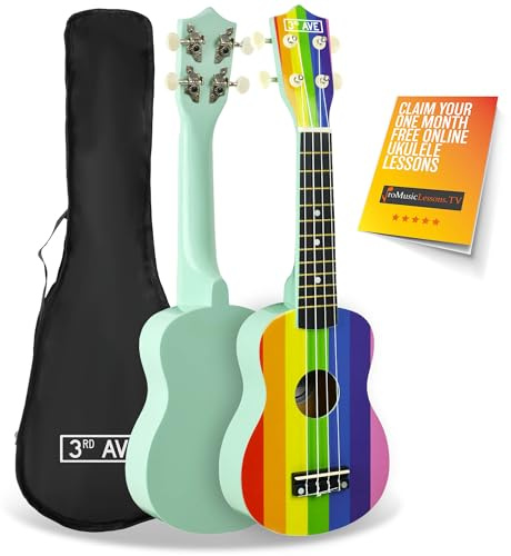 3rd Avenue Ukelele soprano para principiantes de 53 cm, 4 cuerdas de nailon con bolsa de ukelele gratis, arco iris, lecciones en línea gratis de 1 mes