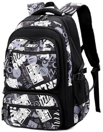 Amythe Schulrucksack Teenager Jungen 40L mit 9 Fächern - Schwarz | Schulranzen für Grundschule 5+, Realschule und Universität, Modischer Daypack für Reisen, Lässiger 16 Zoll Laptop-Rucksack