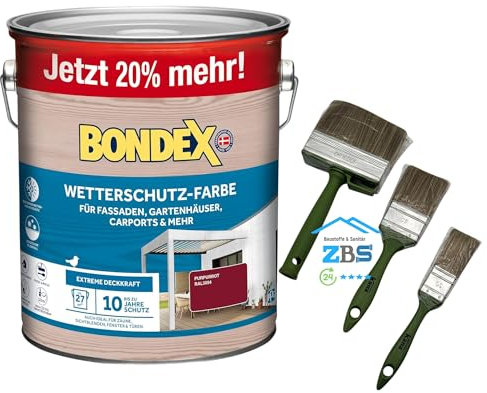 zbs24 Bondex Wetterschutzfarbe für Außen, atmungsaktiv, bis zu 10 Jahre Wetterschutz, extreme Deckkraft, einfache Verarbeitung, für Holz, inkl. 3-teiliges Pinselset (purpurrot RAL3004, 3 Liters)