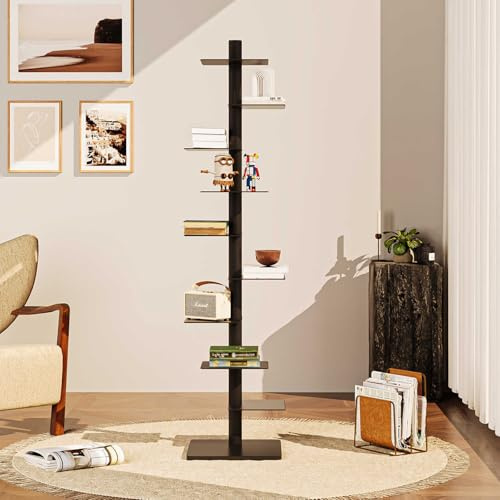HARELA Metall Bücherregal Bodenstehendes, 9 Ebenen Vertikales Bücherregal, Drehbares Bücherregal, Bücherturm Standregal Im Industriestil, Für Wohnzimmer, Schlafzimmer, Büro(Black)