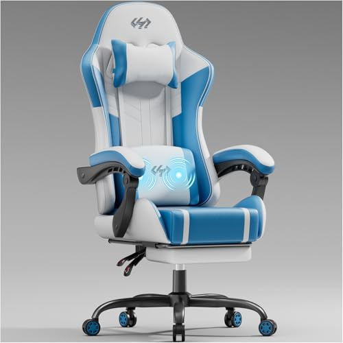 HLFURNIEU Sedia Gaming Massaggiante, Poltrona Gaming con Poggiapiedi e Cuscino Lombare Massaggiante, Sedia Gamer Regolabile in altezza, Schienale Regolabile 90°-135°, Portata 150kg (Bianco e Blu)