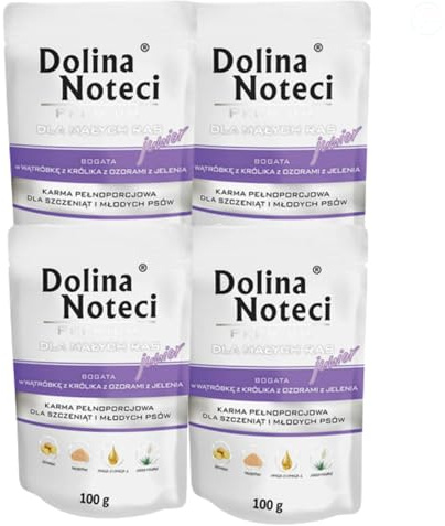 Dolina Noteci Premium Puppy Food for Small Breeds - Rabbit Liver & Deer Tongues - Complete Wet Dog Food - Grain-Free Natural Recipe - 4x 100g Pouches - Hypoallergenic