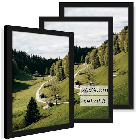QPQIYIY Marco 20x30 cm - Juego de 3, Negro, Madera de Ingeniería con Acrílico, Para Fotos, Pósters y Puzzles