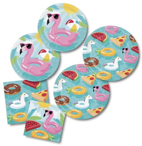 Juego de platos y servilletas de papel para fiesta en la piscina, diseño de flotador de verano, 64 piezas para 16 invitados