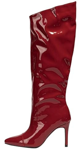 Stivali Fold Over Slouch High Heels al ginocchio Eleganza incontra la funzionalità, design sottile, stivali lunghi in pelle laccata, con tacco alla caviglia, eleganti scarpe da donna, Colore: rosso