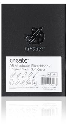 Create A6 Graduate Black Sketchbook – 40-Sheet Soft Cover, Staple-Bound Sketch Book – 165gsm White Cartridge Paper Drawing Pad for Pencil, Pastel, Ink and More
