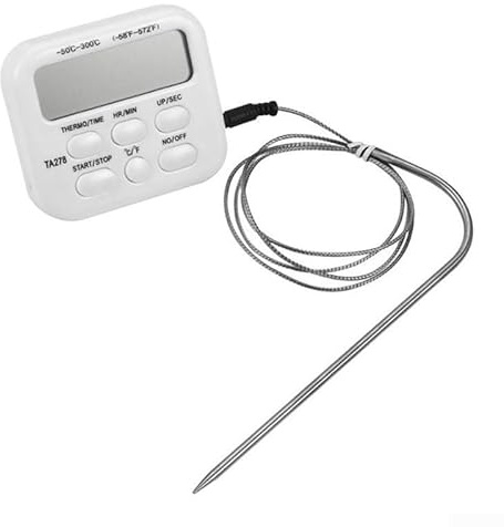 Qualoramall Termometro digitale da cucina con sonda per carne, barbecue, forno e acqua, gamma da -50 °C a 300 °C, funzione timer, materiale ABS, cavo da 1,5 m, utensile da cucina in bianco