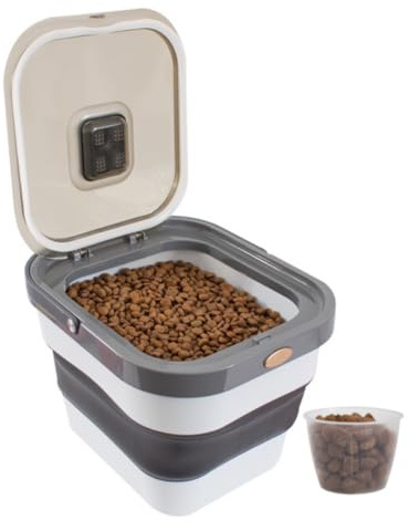 YöL Collapsible Pet Food Storage Container 13L with Airtight Lid and Wheels Space Saving Dry Food Bin with Scoop Moisture Compartment Grey White for Dog and Cat Food Kitchen Storage
