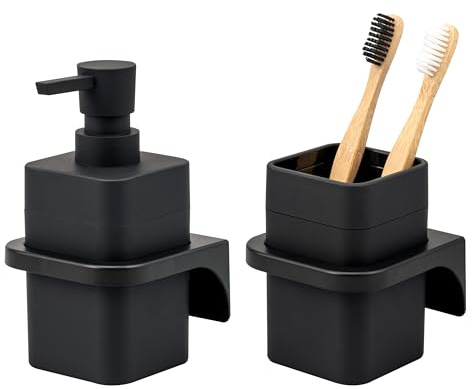 bremermann Badezimmer-Set Savona mit Soft-Touch Oberfläche inkl. Wandhalterung, eckiges Bad-Accessoires Set 2tlg. bestehend aus 1x Seifenspender und 1x Becher aus Kunststoff (Schwarz)