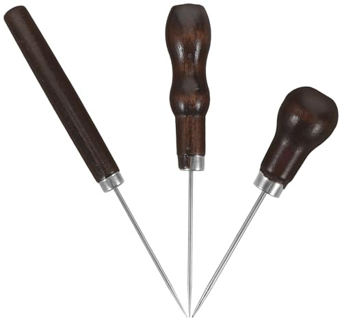 minkissy Punteruolo da Cucito per Lavorazione della Pelle 3 Pezzi con Manico in Legno Ergonomico, Utensili per Punzonatura di Cinture e Portafogli, Punteruolo da Calzolaio per Fori Precisi