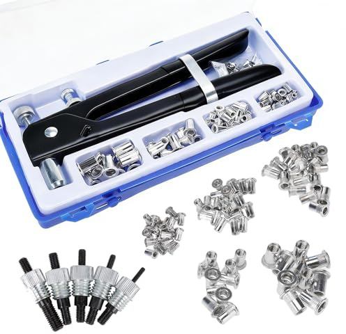 FreeTec Juego de 126 alicates de remache para tuercas ciegas con rosca M3, M4, M5, M6, M8, tuercas de remache, alicates, herramienta con mandriles para reparación de tubos de metal (negro)