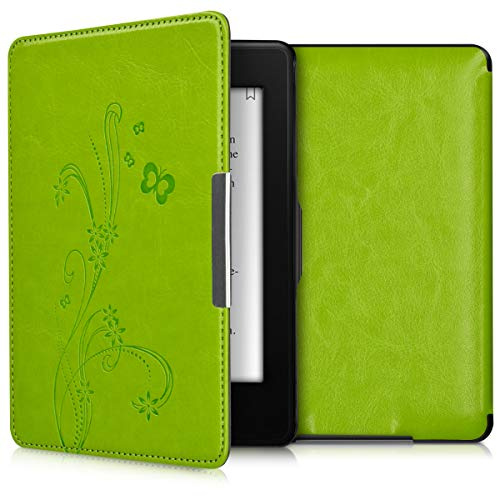 kwmobile Schutzhülle für Amazon Kindle Paperwhite Hülle - eReader Flip Case mit Auto Sleep Funktion - Ranken Schmetterling mit Hellgrün