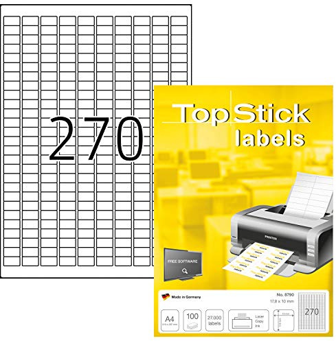 TopStick 8790 universella etiketter A4 mini (17,8 x 10 mm, 100 ark, papper, matt) självhäftande, utskrivbara, permanenta adressetiketter, 27 000 klistermärken, vit